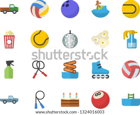 Color flat icon set cake flat vector, popcorn, pickup truck, pulverizer, bowling ball, volleyball, skipping rope, tennis, roller Skates, disco fector, surfing, aquapark, pool