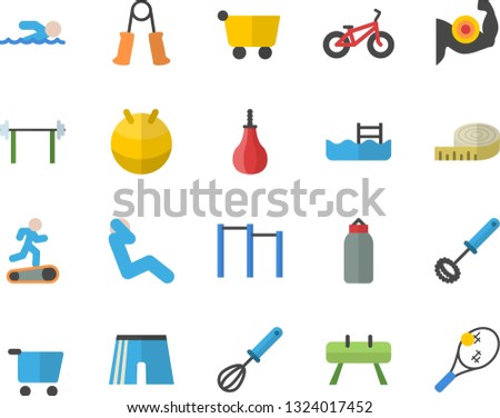 Color flat icon set whisk flat vector, grocery trolley, barbell, centimeter, muscles, bicycle, carpal expander, parallel bars, sports equipment horse, pear, athletic shorts, fitball, Treadmill, pool