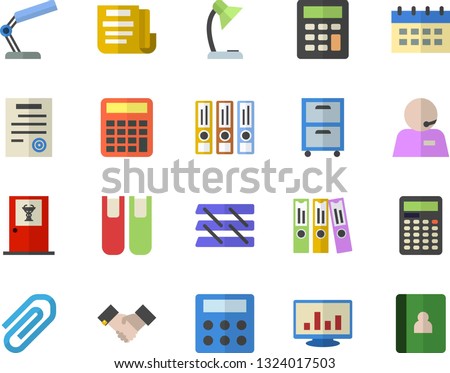 Color flat icon set clip flat vector, computer chart, document, calculator, phone operator, reading lamp, folder, paper tray, archive, agreement, contract, book, folders for papers, calendar