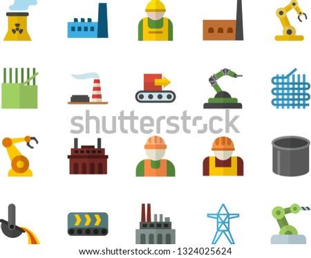 Color flat icon set builder flat vector, factory, power line support, manufactory, plant, conveyor, construction worker, fabric manufacture, pipe production, robotics, metallurgy, nuclear