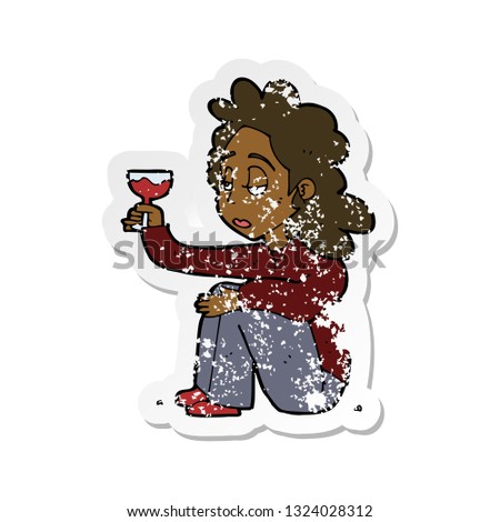 retro distressed sticker of a cartoon unhappy woman with glass of wine