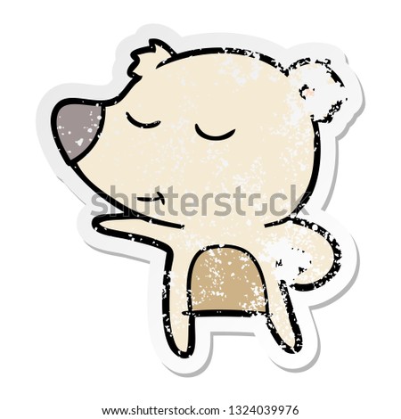 distressed sticker of a happy cartoon bear pointing