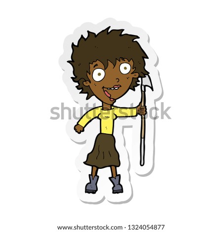 sticker of a cartoon crazy woman with spear