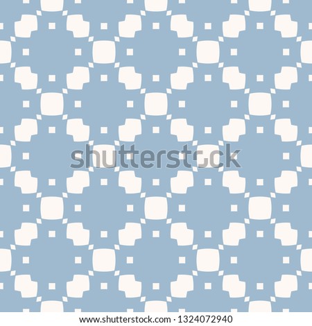 Subtle vector geometric seamless pattern with small elements, squares, rhombuses, grid. Delicate abstract white and light blue texture. Elegant minimalist repeat background. Design for decor, cloth