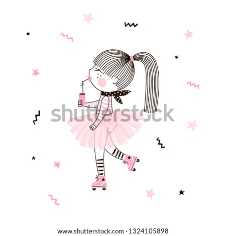 Cute little girl in pink ballerina skirt on roller skates with soda drink. Simple minimalistic vector doodle illustration for girls. Perfect for summer textile apparel t-shirt print, wall art, poster