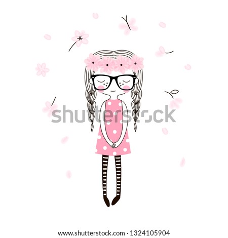 Cute girl in pink dotty dress and floral wreath. Simple minimalistic vector doodle illustration for girls. Perfect for summer textile apparel t-shirt print, wall art, poster, stickers, cards and more.