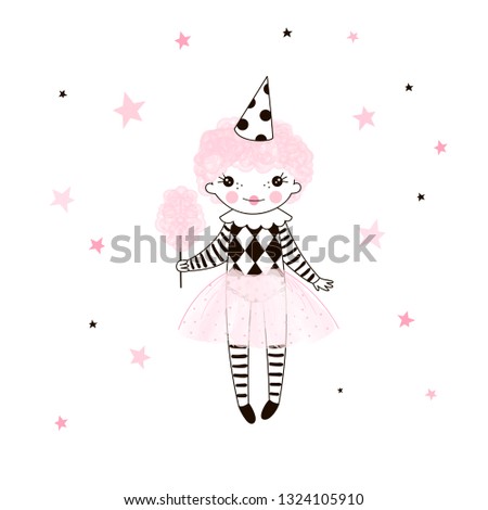 Cute little girl in pink ballerina skirt, party cap cone with candy cotton drawn on starry background. Simple minimalistic vector doodle illustration for girls. Perfect for textile apparel t-shirt