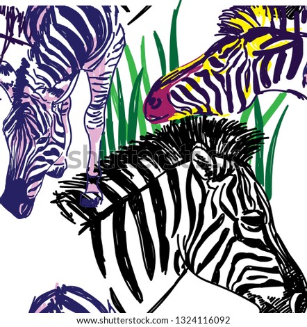 
Seamless pattern with zebras. Multicolored horses, striped zebra. Pop Art. Stylish colorful background. Summer print. Figured markers.