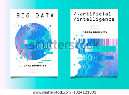 Set of two posters for AI (artificial intelligence) conference, Big Data meetup, Hackathon with Glitch Art Minimal Geometric Composition. Cyberpunk/ synthwave style illustrations.