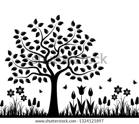 vector seamless border with spring flowers and tree isolated on white background