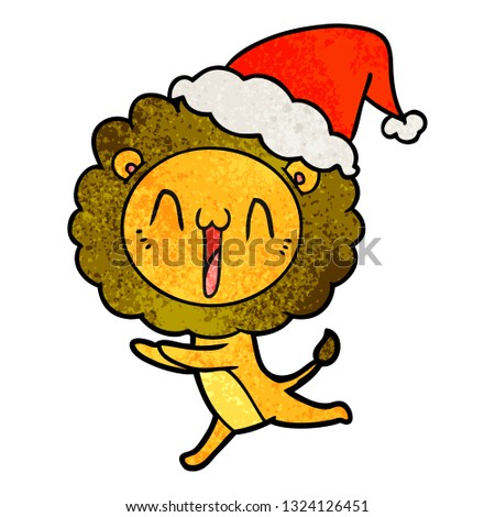 happy hand drawn textured cartoon of a lion wearing santa hat