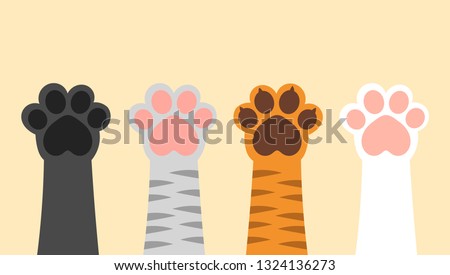 Set of different colors cats paws up. Vector illustration.
