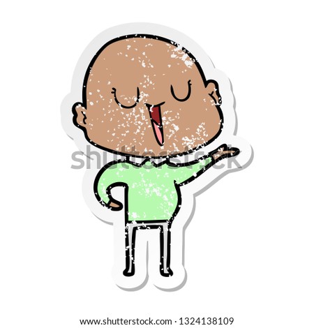 distressed sticker of a happy cartoon bald man