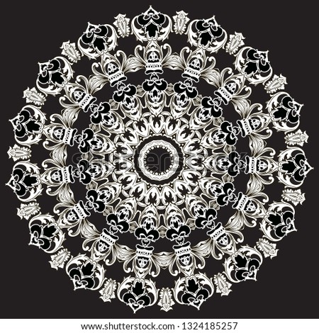 Baroque black and white floral round lace mandala pattern. Vector ornamental baroque victorian style  background. Vintage royal crowns, flowers, scroll leaves, lines, shapes. Luxury ornate old design
