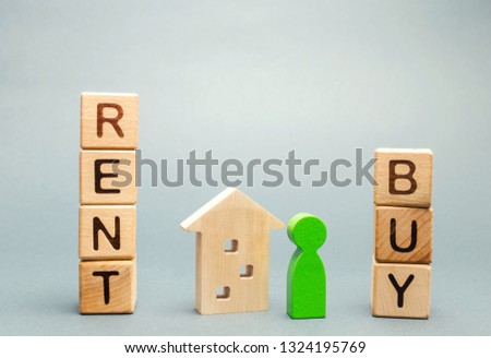 Wooden blocks with the word Rent or buy and a person stands near the house. Make the right decision. Real estate concept. Rent apartment. Property. Rental, renting home. Buying. Purchase housing