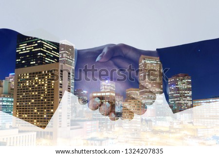 Double exposure of Image of businessmen hand shake, concept of network connection in urban life.