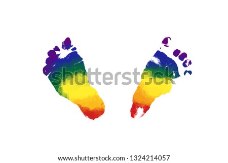 Bright rainbow tiny baby's feet prints on white background, symbol of rainbow babies, birth beauty and family care