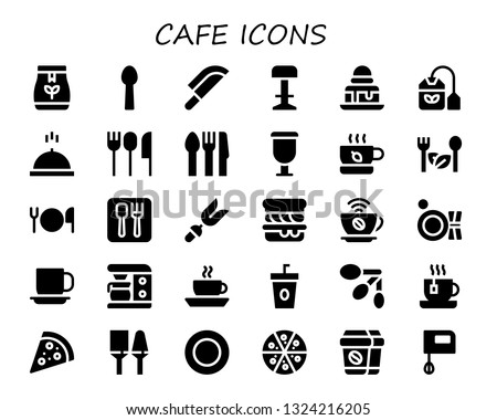 cafe icon set. 30 filled cafe icons.  Simple modern icons about  - Tea bag, Spoon, Knife, Stool, Brownie, Meal, Cutlery, Cup, Tea, Salad, Restaurant, Fork, Scone, Coffee, Plate