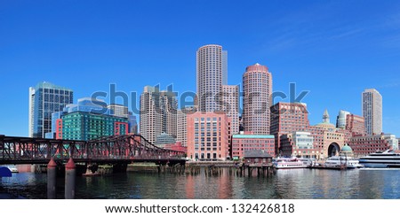 Boston waterfront panorama with skyscrapers and bridge in the morning.