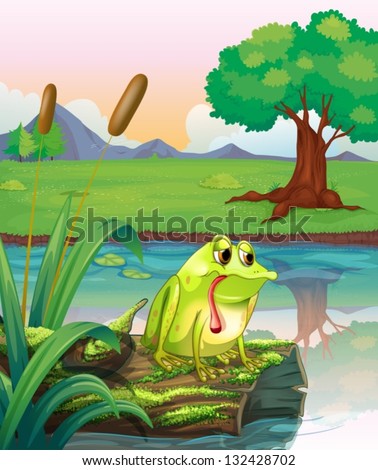 Illustration of a lonely frog above the wood with algae