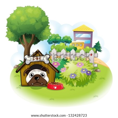Illustration of a dog in the garden across the high buildings on a white background