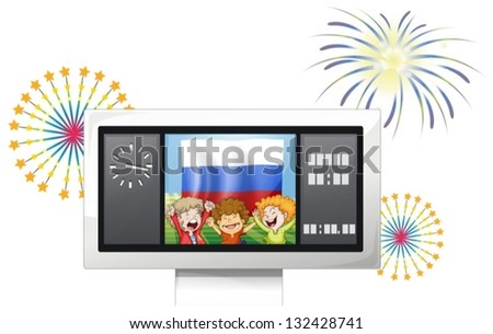 Illustration of the flag of the Russian Federation and the three happy kids on a white background