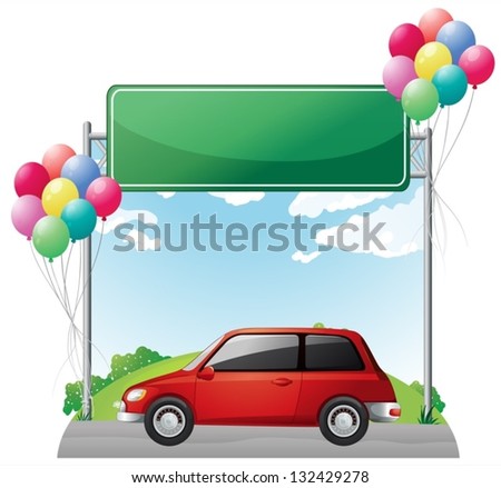 Illustration of a tinted red car near the empty green board on a white background