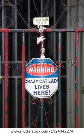 Old red and blue security gate with signage reading "warning crazy cat lady lives here"