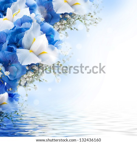 Flowers in a bouquet, blue hydrangeas and white irises Royalty-Free Stock Photo #132436160