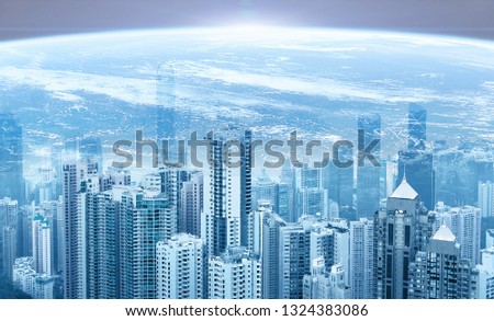 Modern urban skyline. Planet Earth.  Sunrise. Global communications and networking. Stock markets and finance