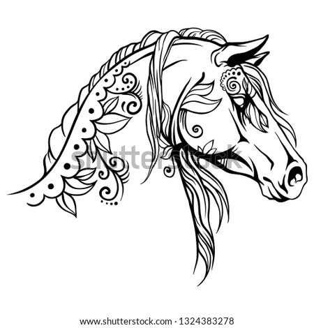 Coloring page horse head with a pattern of flowers. vector illustration.
