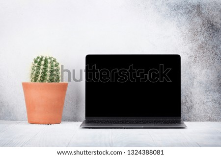 Loft home office workplace with blank black screen laptop computer and cactus. With copy space for your mockup or text