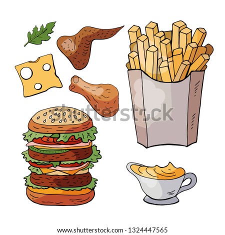 Set og hand drawn fast food elements. Vector doodle fast food isolated on white background