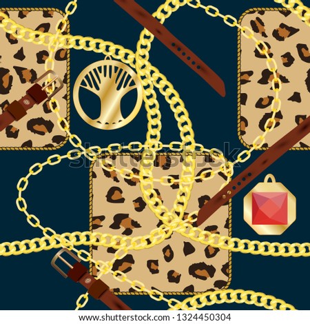 Seamless pattern with gold chains and belts. Beautiful jewelry precious necklaces, leopard background.