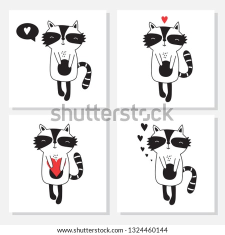 Set of hand drawn illustrations, happy raccoons and hearts. Black, white and red background vector. Poster design with animals. Decorative cute backdrop, good for printing