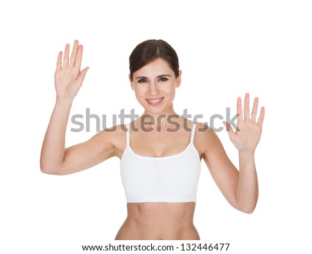 Portrait Of Healthy Woman The Screen With Her Finger On White Background