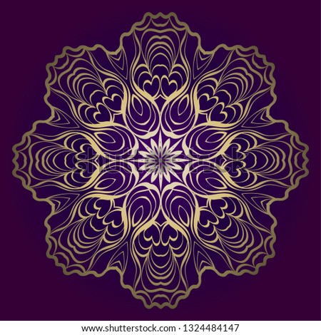 Flower Round Pattern. Vector Illustration. For Design, Invitation Wedding, Valentine's, Background, Wallpaper, Interior. Purple gold color.