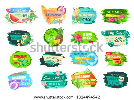 Summer big sale banners set. Posters with leaves of trees, cocktails and fruits. Watermelon and pineapple, surfing board and volleyball ball vector