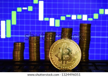 Financial growth concept with golden Bitcoins ladder on forex chart background. Virtual money