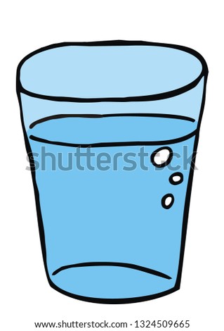 Blue glassful with water, hand drawn illustation, vector. Beverage with bubble. Blue object with black contour. Isolated object.