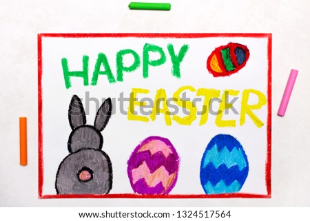 Colorful drawing: Beautiful Easter card with easter eggs and cute bunny 