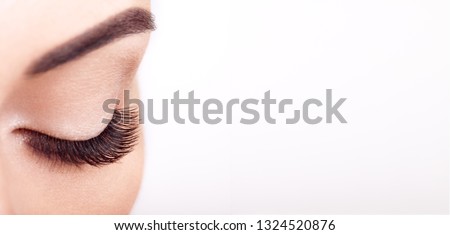 Female Eye with Extreme Long False Eyelashes. Eyelash Extensions. Makeup, Cosmetics, Beauty. Close up, Macro Royalty-Free Stock Photo #1324520876