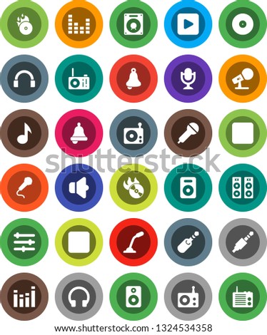 White Solid Icon Set- bell vector, music, disk, hit, microphone, radio, speaker, equalizer, headphones, play button, backward, rec, jack