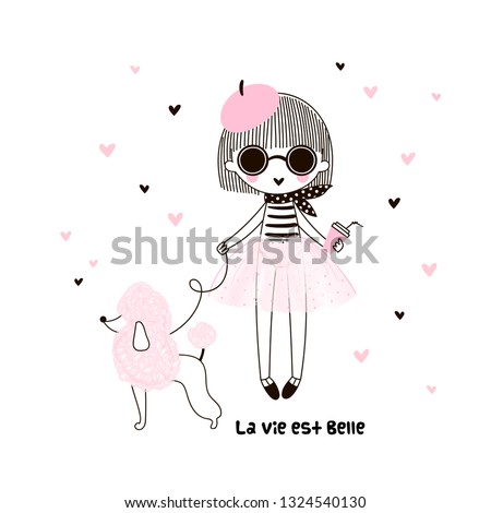 Cute little french girl in pink transparent skirt beret round sunglasses with pink haired poodle dog and coffee. Life is beautiful phrase. Simple minimalistic vector doodle illustration for girls