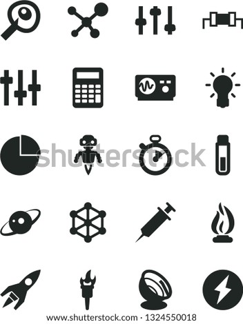 Solid Black Vector Icon Set - pie chart vector, test tube, molecule, bulb, settings, oscilloscope, flame, calculator, artifical insimination, robot, satellite antenna, saturn, rocket, syringe, torch