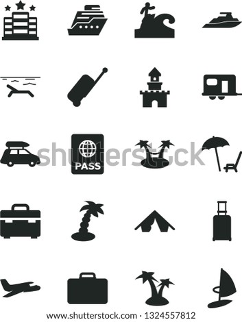 Solid Black Vector Icon Set - suitcase vector, passport, sand castle, plane, car baggage, camper, rolling, case, tent, beach, arnchair under umbrella, palm tree, surfing, hotel, cruiser, hammok