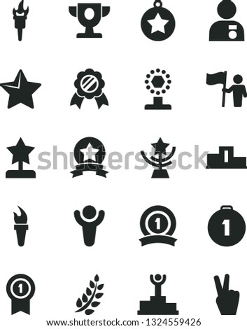 Solid Black Vector Icon Set - star vector, flame torch, winner, laurel branch, pedestal, podium, prize, cup, reward, man with medal, hold flag, first place, pennant, ribbon, victory hand