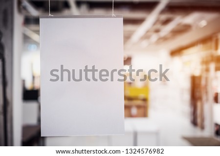 Elegant branding Hangtags White mockup paper frame posters pattern template forms background for letter ready to use display your product, blurred shopping mall,  Space for texting customer
