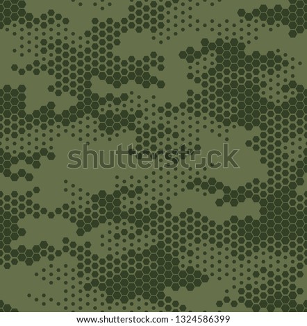 Seamless camouflage pattern. Repeating digital dotted hexagonal camo military texture background. Abstract modern fabric textile ornament. Vector illustration. Royalty-Free Stock Photo #1324586399