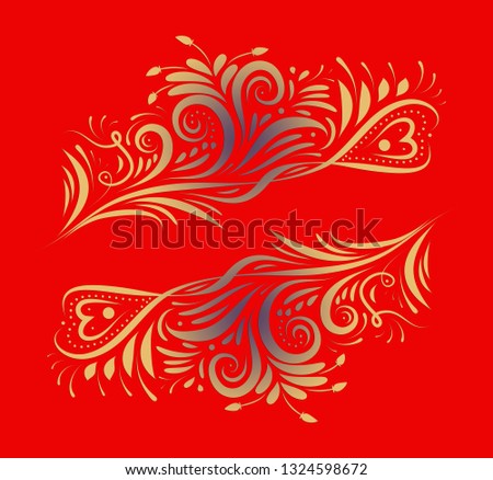 Red illustration with golden swirls decorative elements